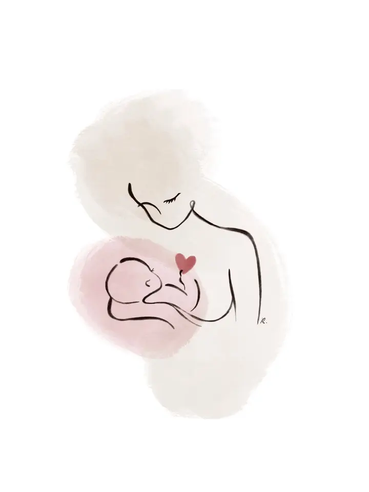 Anya és kisbabája finom vonalrajzos illusztrációja